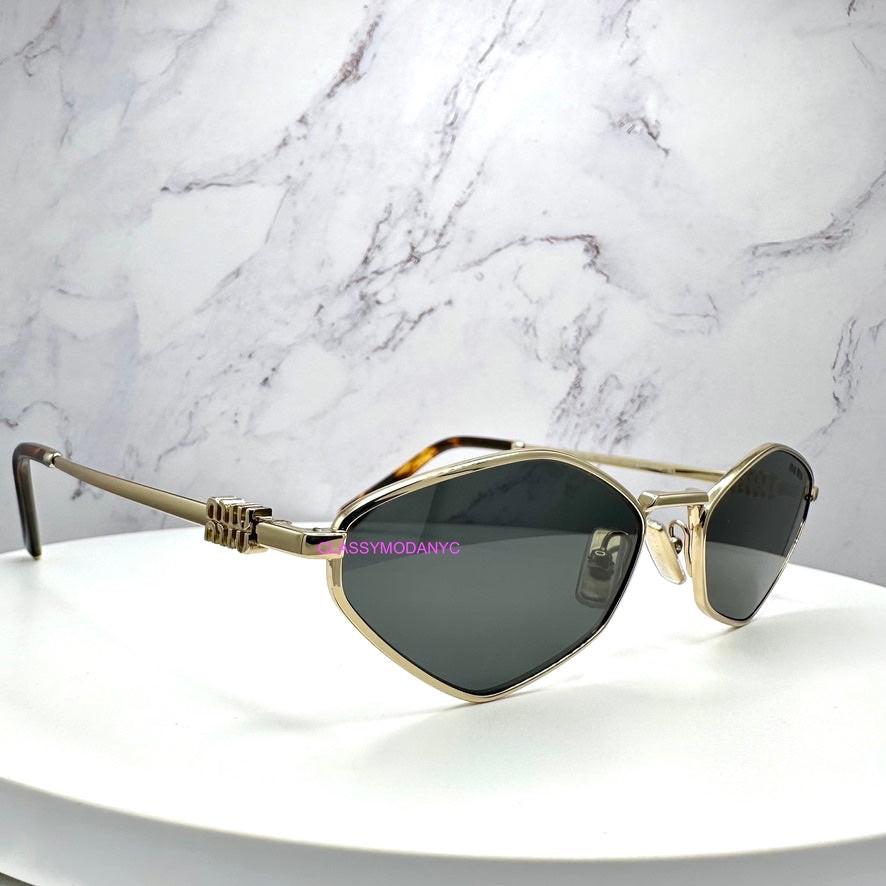 MIU MIU MU56ZS ZVN5S0 thin light gold metal side view sunglasses with metal MIU MIU logo