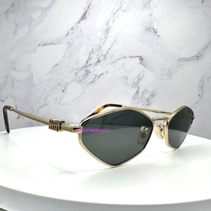 MIU MIU MU56ZS ZVN5S0 thin light gold metal side view sunglasses with metal MIU MIU logo