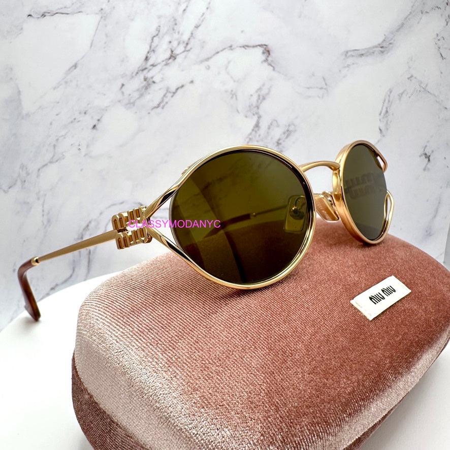 MIU MIU MU 52YS 70E1T brass gold brown lens metal sunglasses with case side view