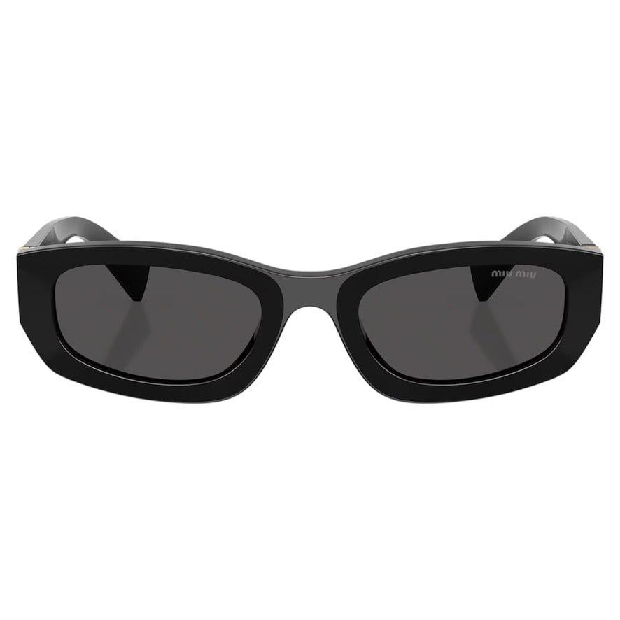 MIU MIU MUB04S 16K08Z black rectangular women's sunglasses with gold logo temple arms front view