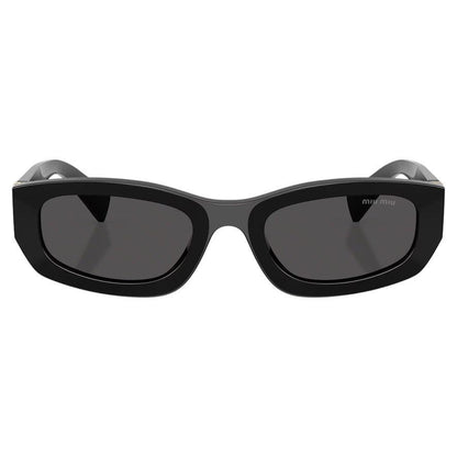 MIU MIU MUB04S 16K08Z black rectangular women's sunglasses with gold logo temple arms front view