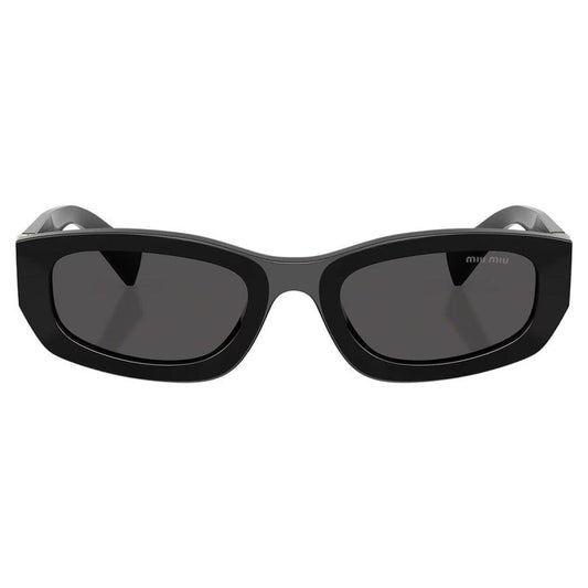 MIU MIU MUB04S 16K08Z black rectangular women's sunglasses with gold logo temple arms front view