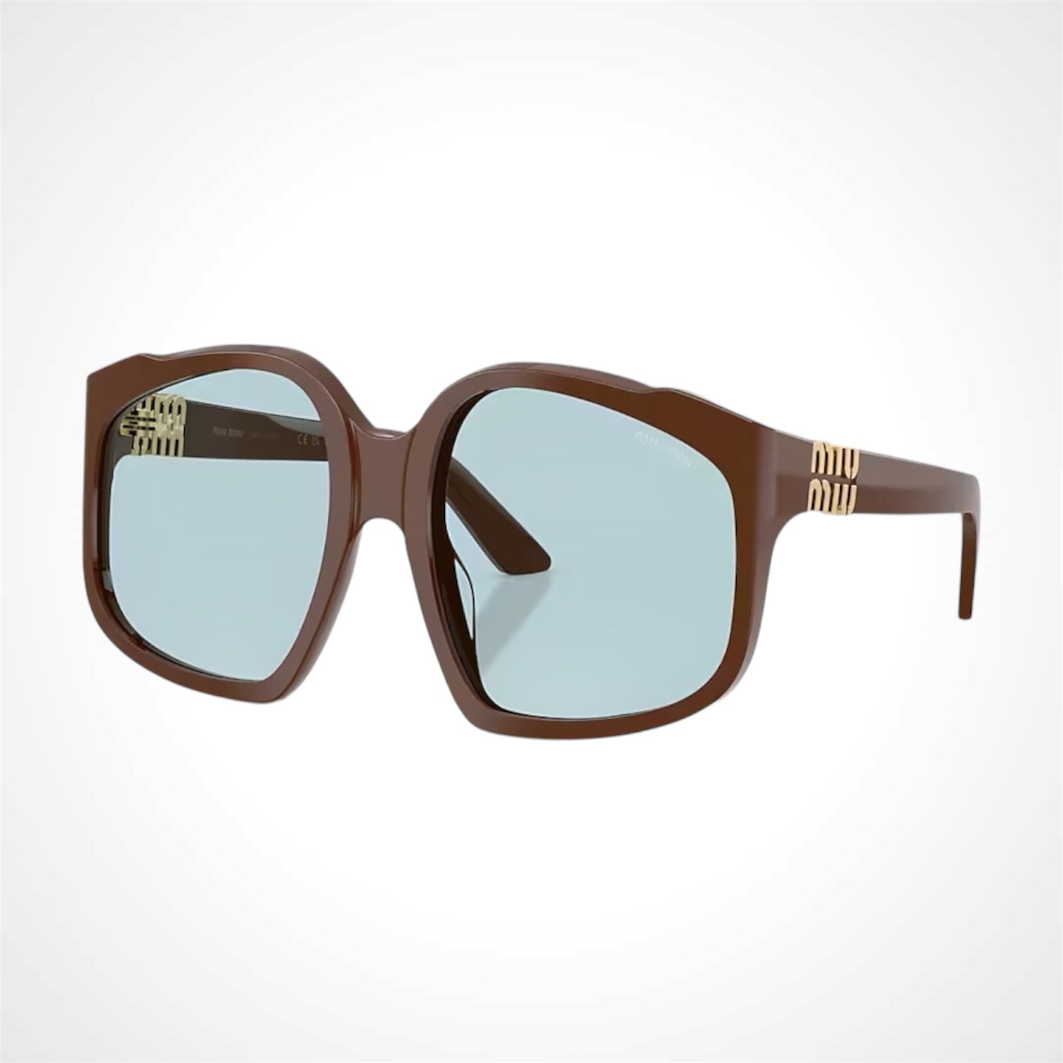 Miu Miu MUA07S 24D20R sunglasses brown irregular shape frames with blue lens side view 