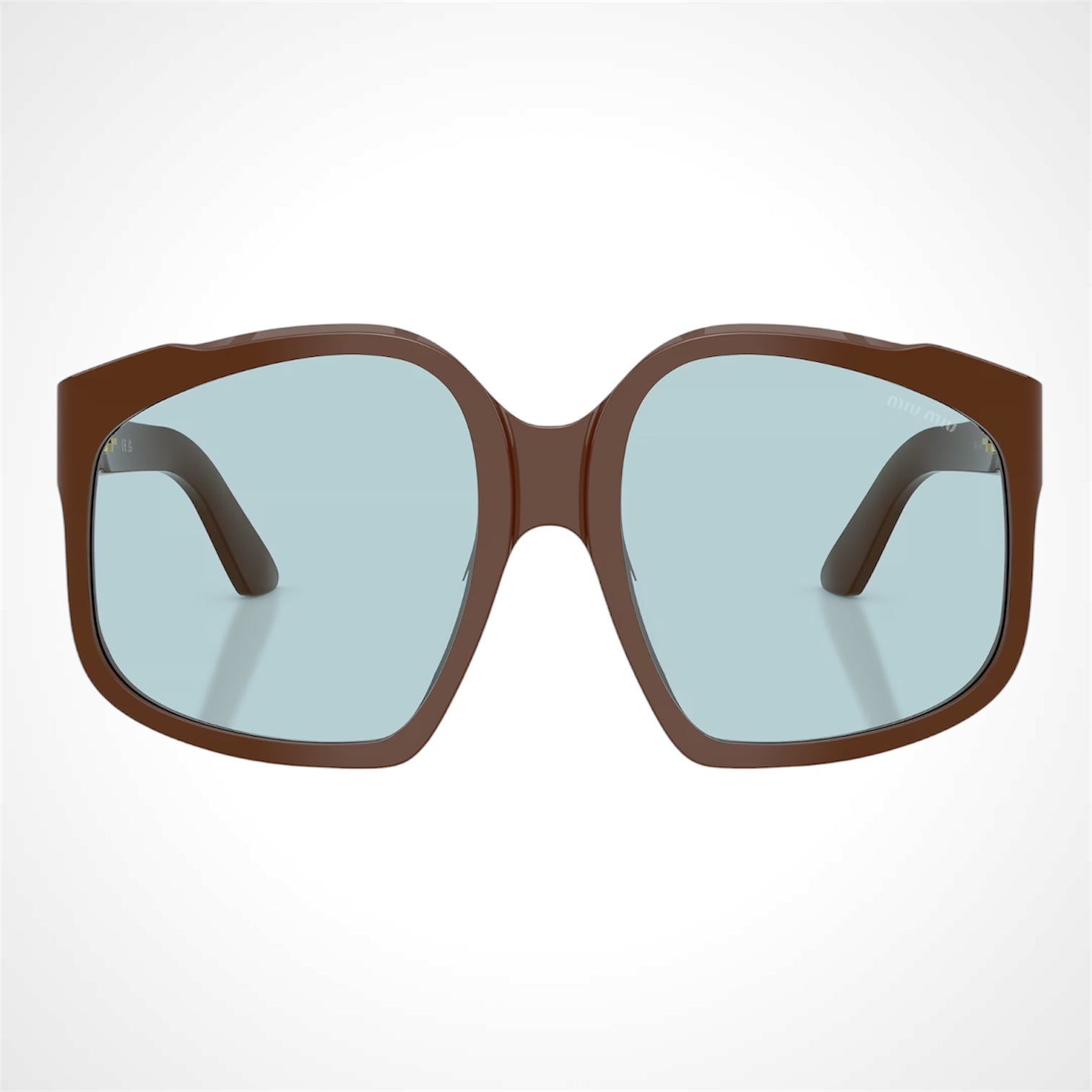 Miu Miu MUA07S 24D20R sunglasses brown irregular shape frames with blue lens front view 