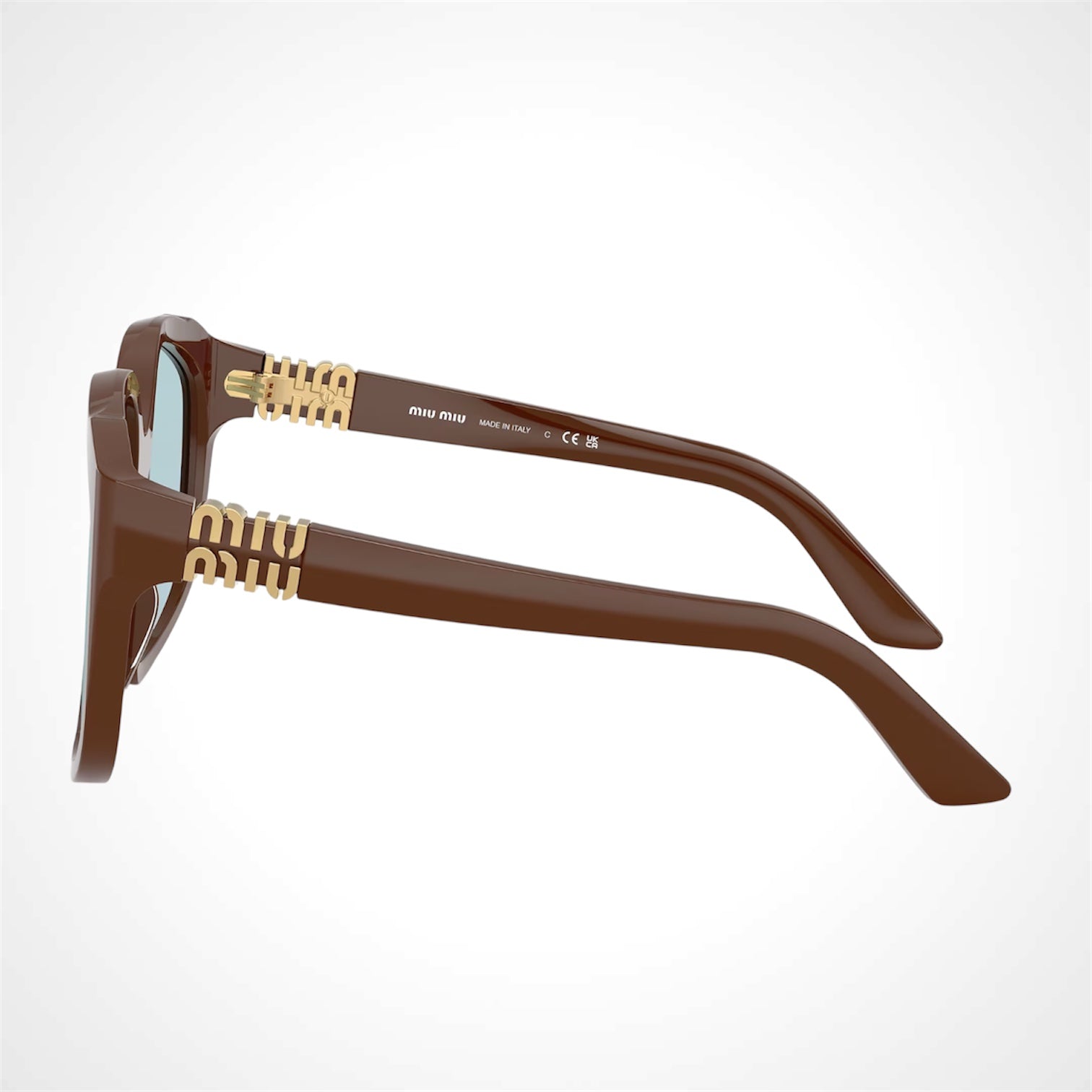 Miu Miu MUA07S 24D20R sunglasses brown irregular shape frames with blue lens side view 
