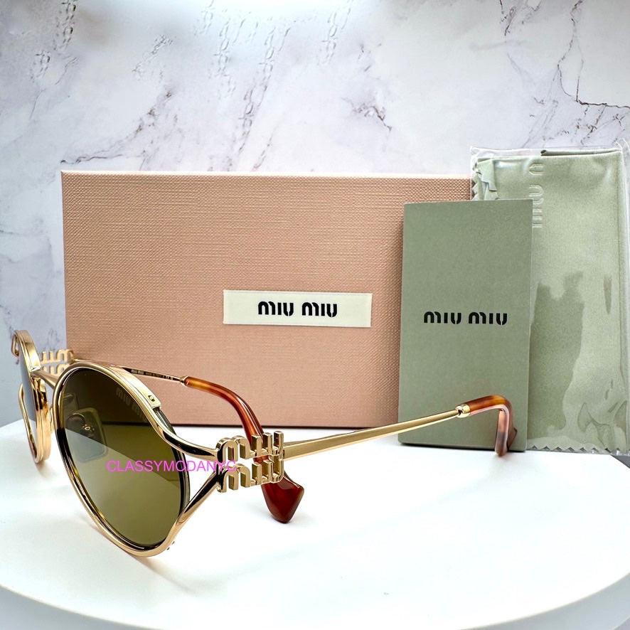 MIU MIU MU52YS 70E1T gold metal frame sunglasses with brown lens side view
