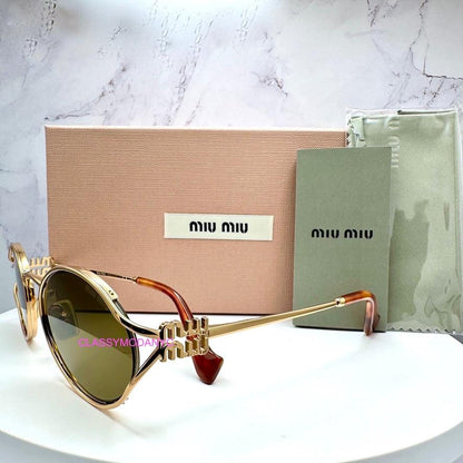 MIU MIU MU52YS 70E1T gold metal frame sunglasses with brown lens side view