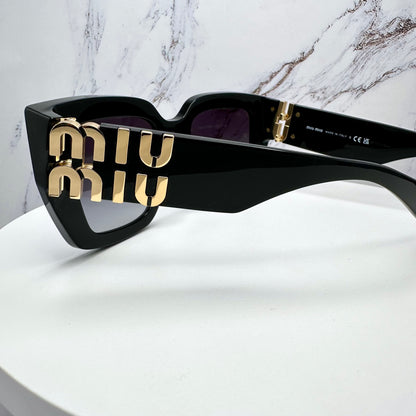 Miu Miu black square oversized sunglasses with gold logo MUB05S 16K90A back view 