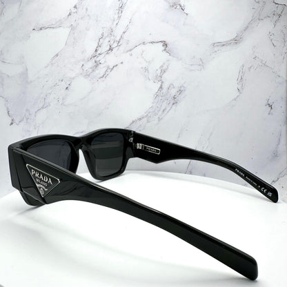 Prada PR10ZS 1AB5S0 black square sunglasses side view.