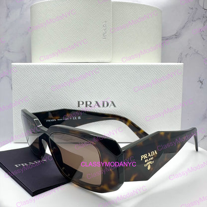 PR17WS 2AU8C1 Prada brown sunglasses side view with box and case