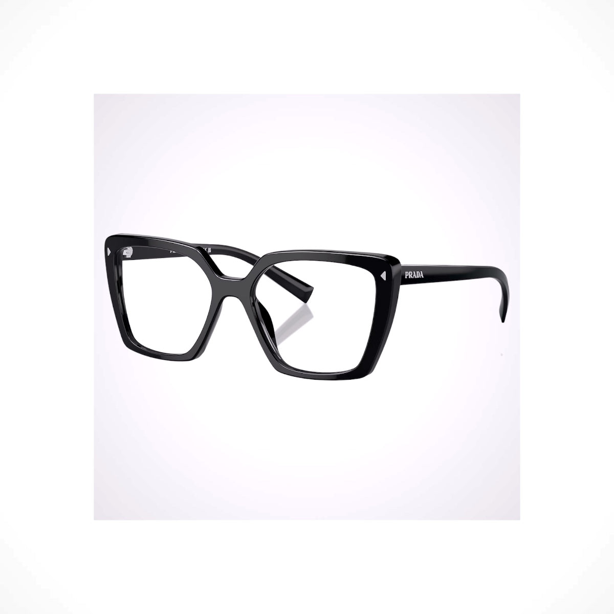 PRADA PR 16ZV 1AB1O1 black square women’s eyeglasses with silver Prada letter logo and Rx-able clear lenses