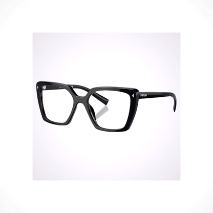 PRADA PR 16ZV 1AB1O1 black square women’s eyeglasses with silver Prada letter logo and Rx-able clear lenses