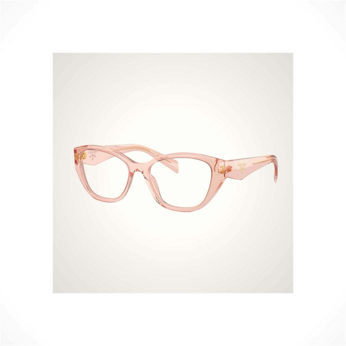 PRADA PR 21ZV 19Q1O1 transparent peach cat eye women’s eyeglasses with gold Symbole logo and clear Rx-able lenses.