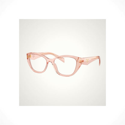 PRADA PR 21ZV 19Q1O1 transparent peach cat eye women’s eyeglasses with gold Symbole logo and clear Rx-able lenses.