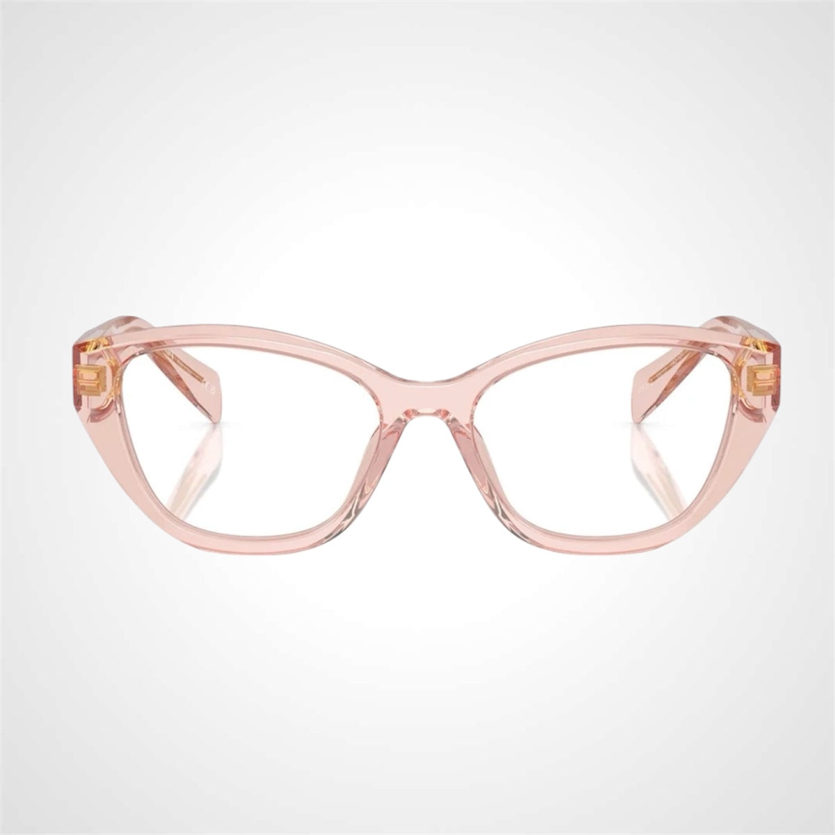 PRADA PR 21ZV 19Q1O1 transparent peach cat eye women’s eyeglasses with gold Symbole logo and clear Rx-able lenses.