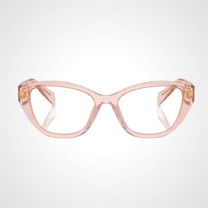 PRADA PR 21ZV 19Q1O1 transparent peach cat eye women’s eyeglasses with gold Symbole logo and clear Rx-able lenses.
