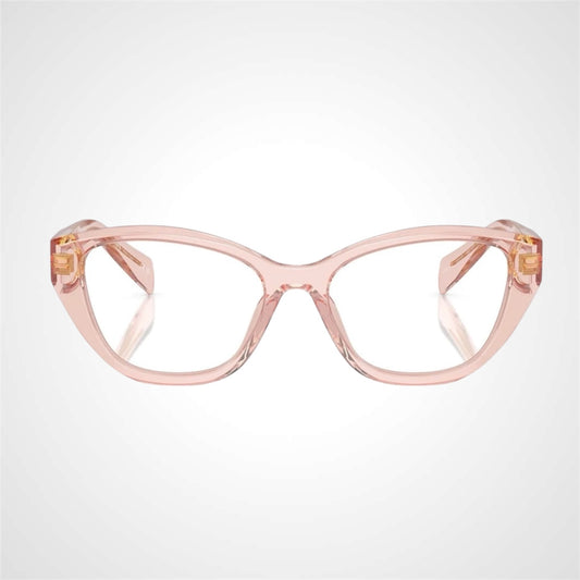 PRADA PR 21ZV 19Q1O1 transparent peach cat eye women’s eyeglasses with gold Symbole logo and clear Rx-able lenses.