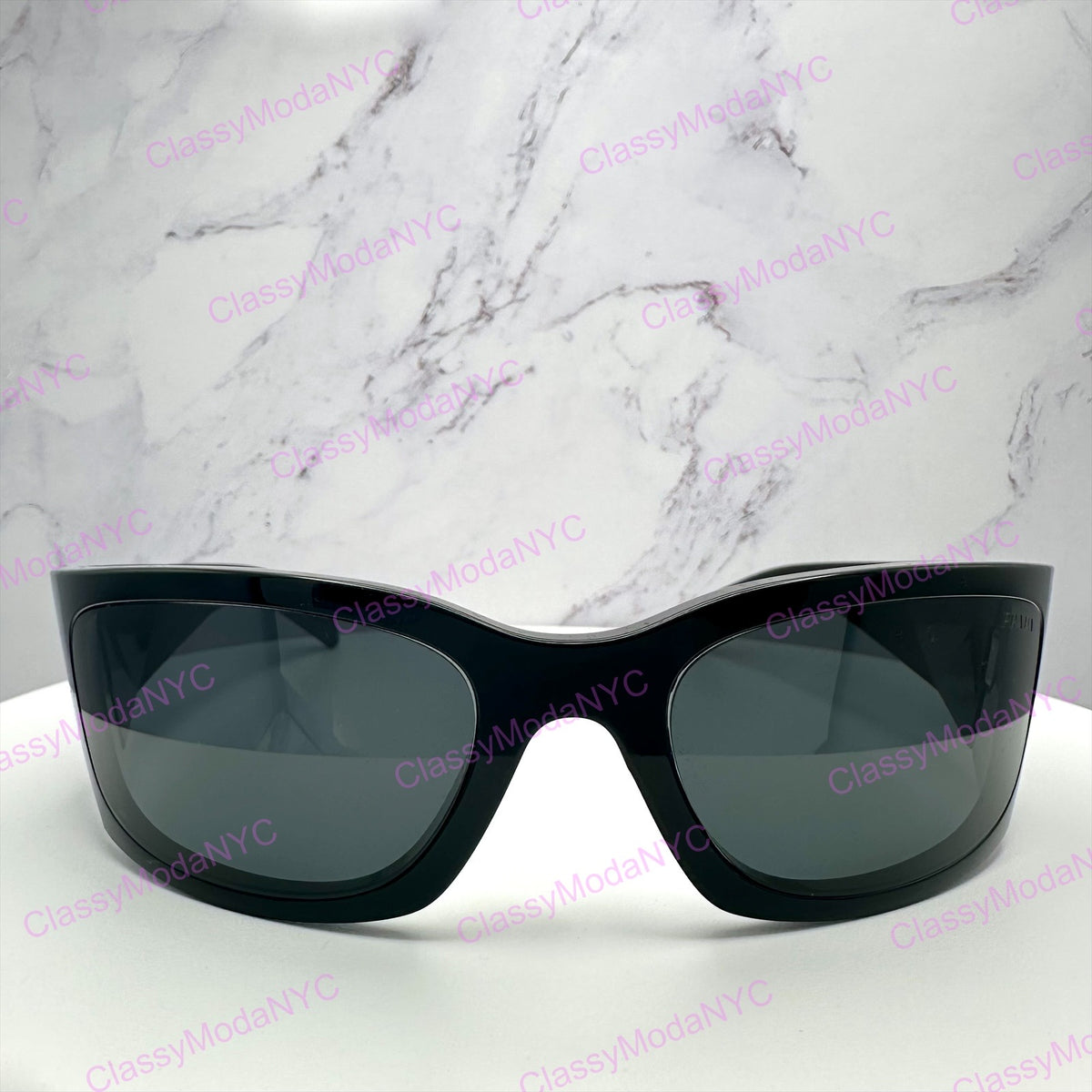 PRADA PR A19S 1AB5S0 black wrap unisex sunglasses with gray lenses and silver logo