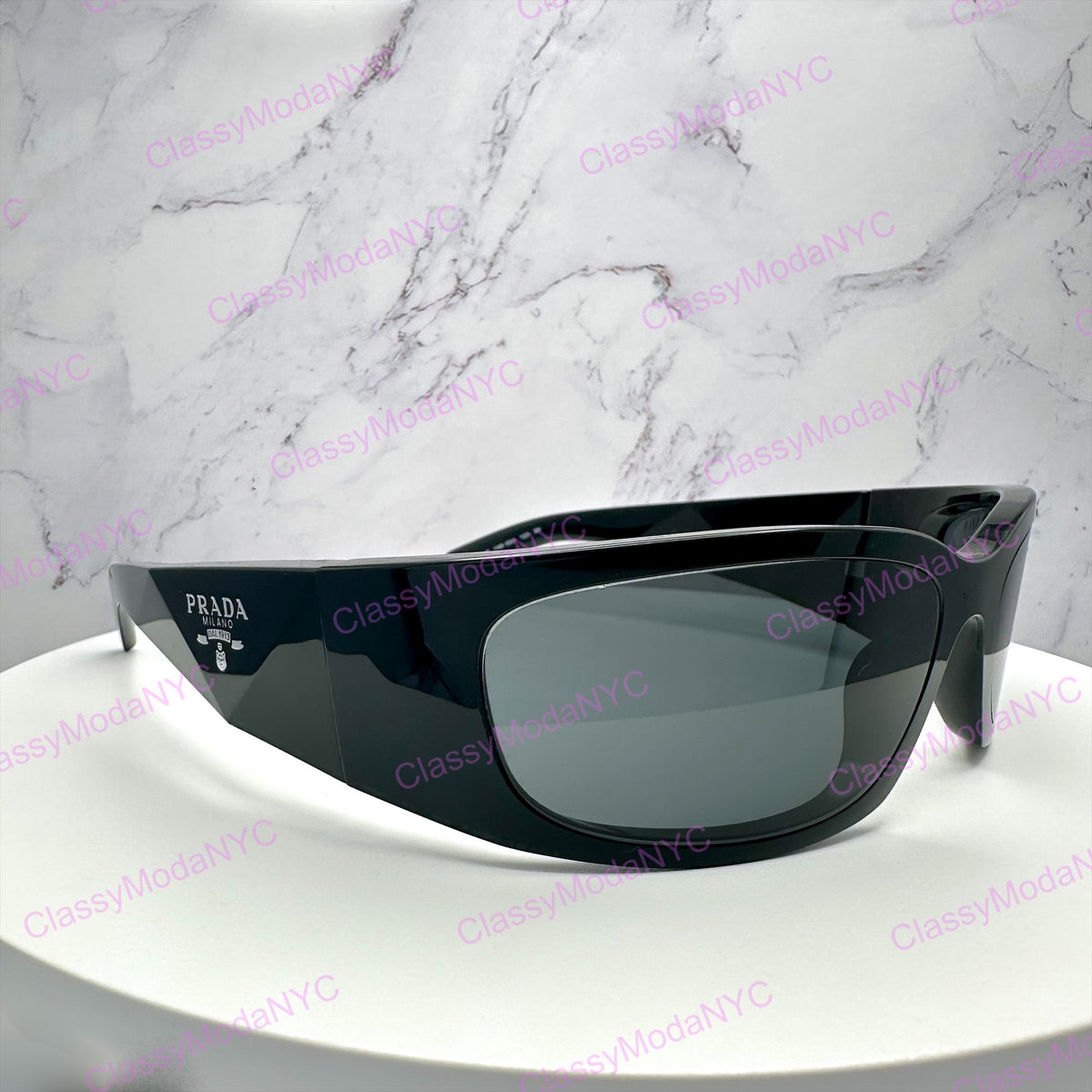PRADA PR A19S 1AB5S0 black wrap unisex sunglasses with gray lenses and silver logo