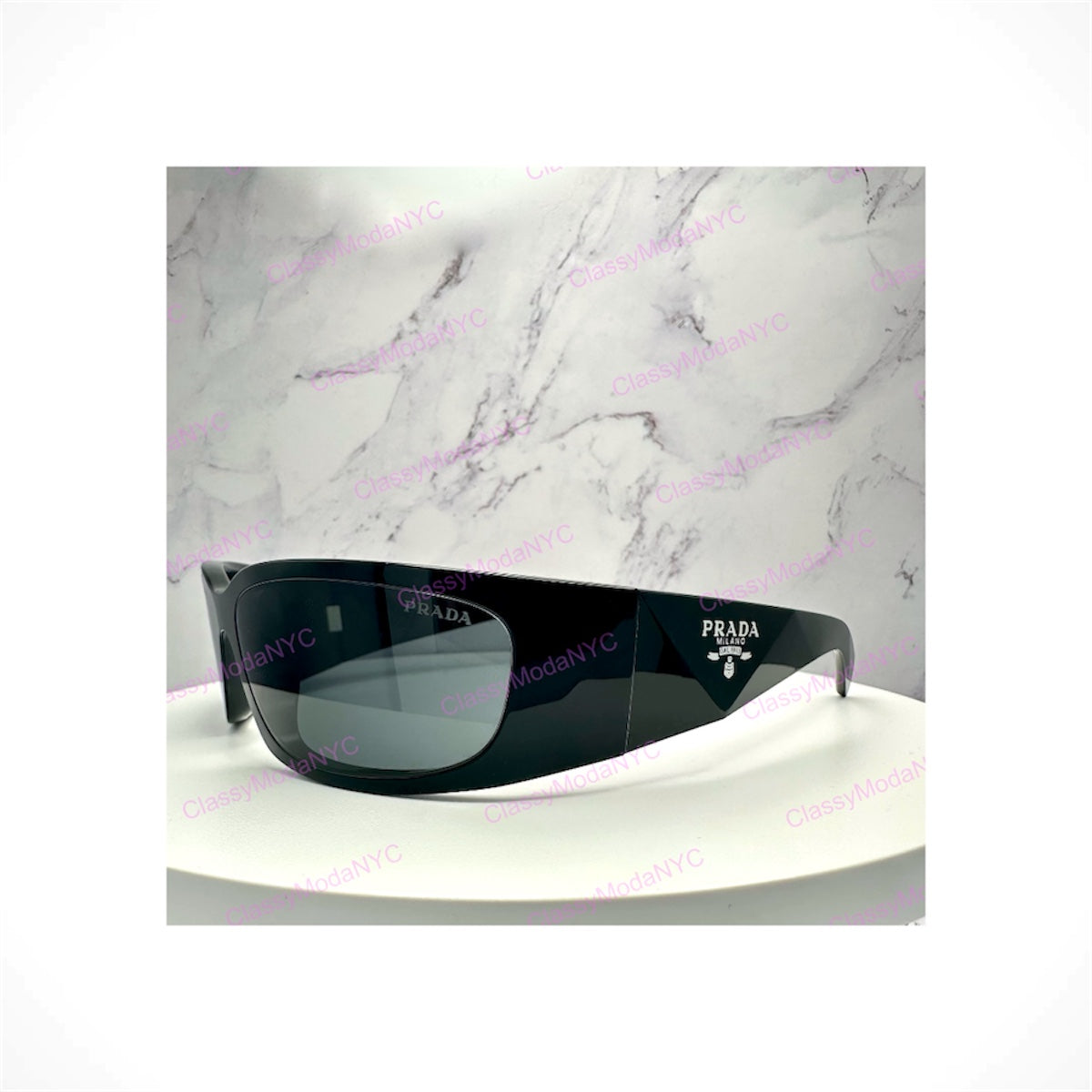 PRADA PR A19S 1AB5S0 black wrap unisex sunglasses with gray lenses and silver logo