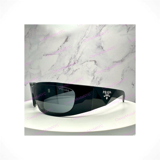 PRADA PR A19S 1AB5S0 black wrap unisex sunglasses with gray lenses and silver logo