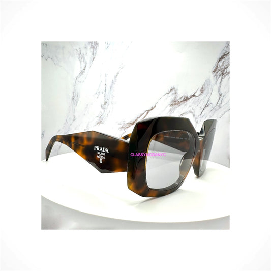 PRADA PR B23S 20D50Q brown Juniper Tortoise square women’s sunglasses with gray lenses and silver Symbole logo