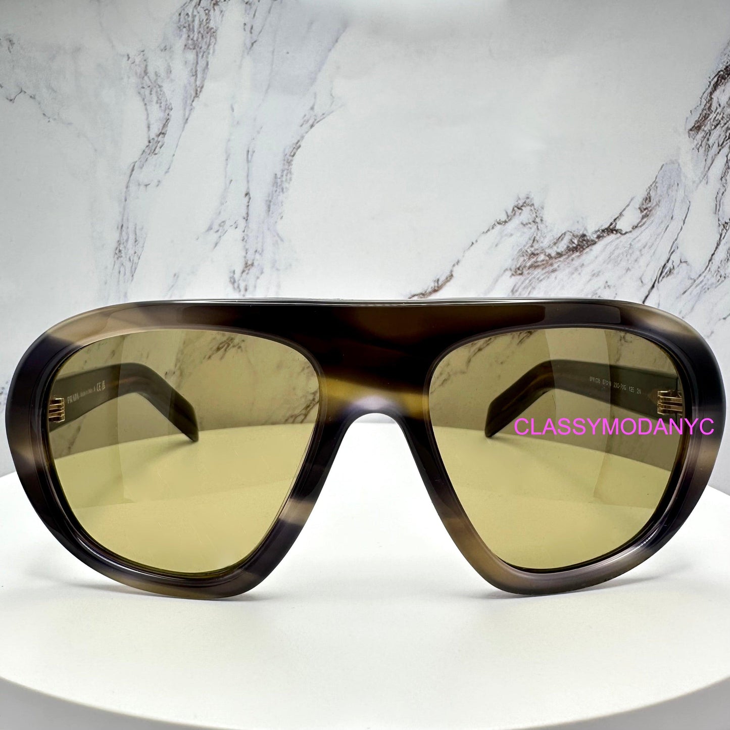 Prada PRC05S 23G70G aviator striped laguna sunglasses front view with green lens