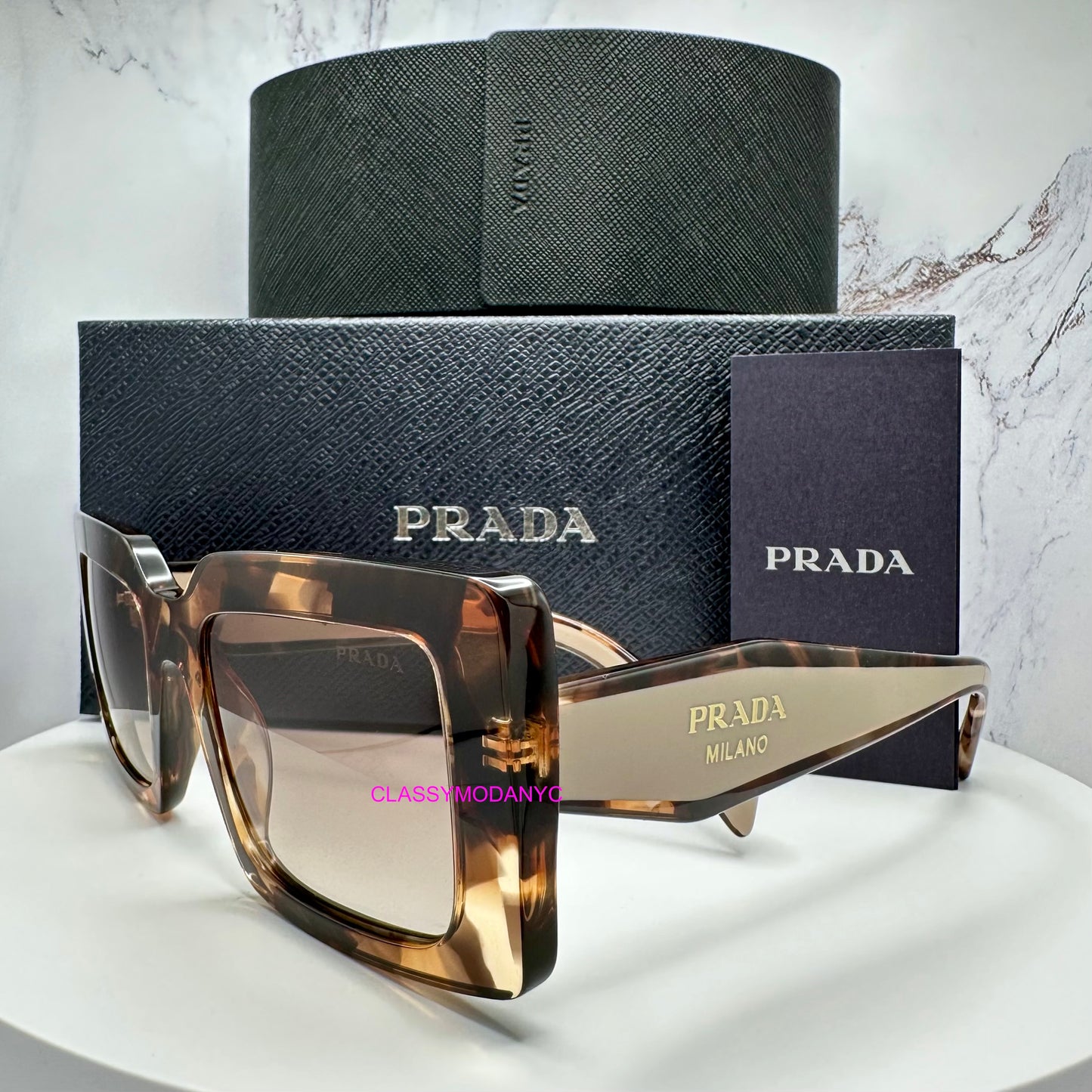 PRD01S 00K10S Prada Sunglasses Brown side view with authentic box and case 
