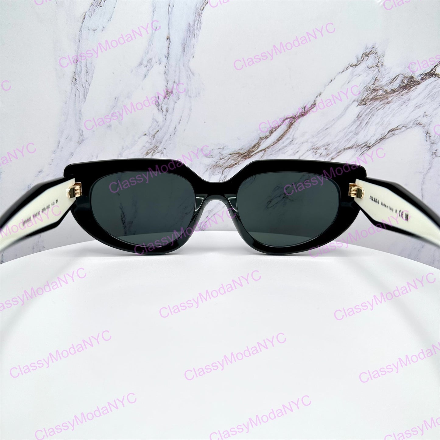 PR D02S 20G08Z Prada sunglasses black white cat eye gold Symbole logo back view 