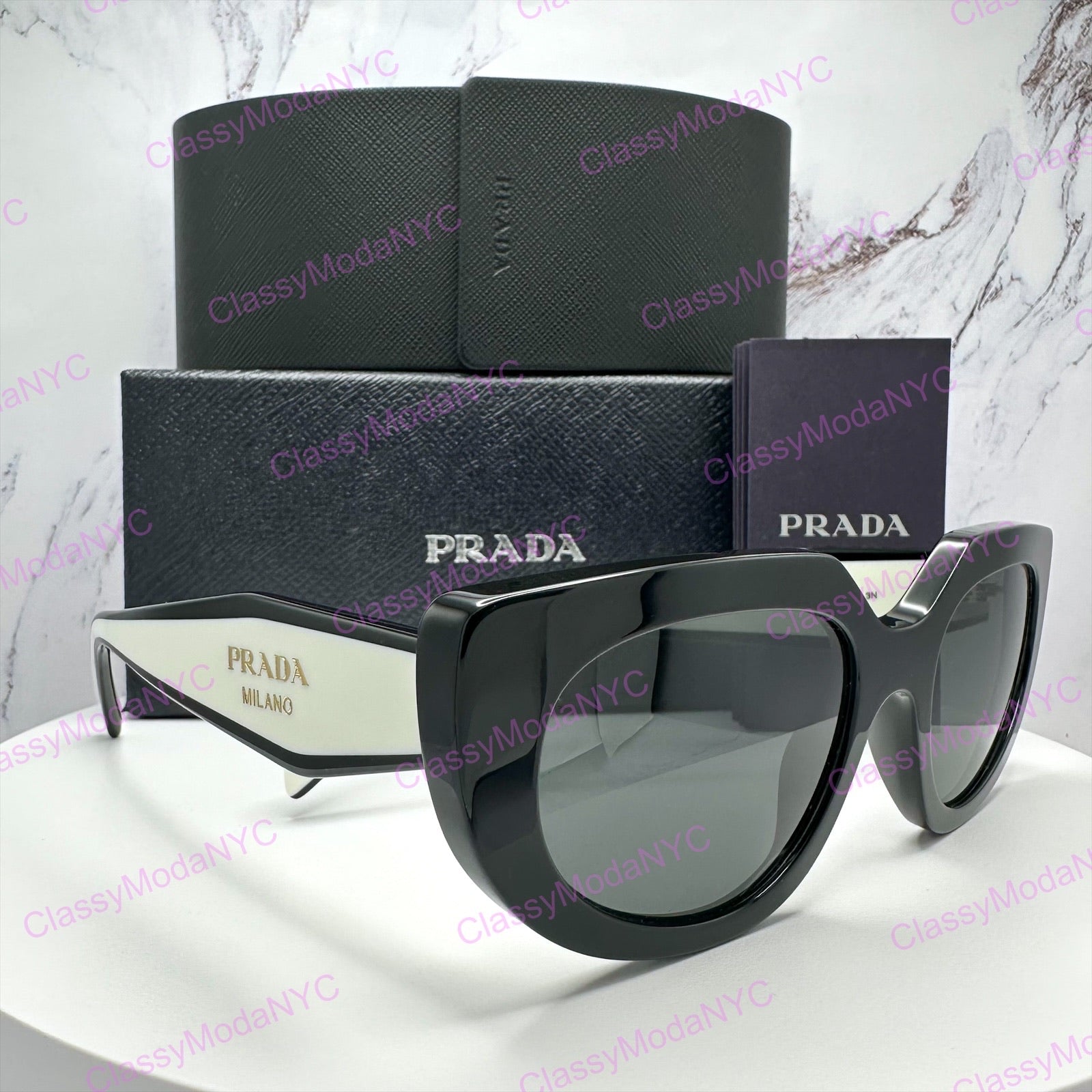 PR D02S 20G08Z Prada sunglasses side view black white gold Symbole logo with authentic packaging 