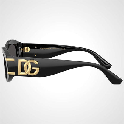 Dolce & Gabbana 0DG4502 501/87 black oval women's sunglasses side view with gold logo.