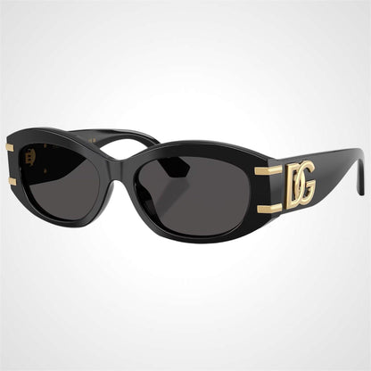 Dolce & Gabbana DG4502 501/87 black oval women's sunglasses with gold logo side view.