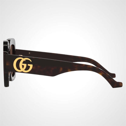 Gucci GG1547S 002 brown tortoise oversized square women's sunglasses with gold metal GG logo temple arms