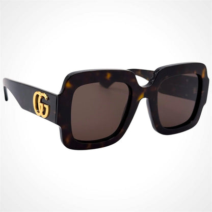 Gucci GG1547S 002 brown tortoise oversized square women's sunglasses with gold metal GG logo temple arms