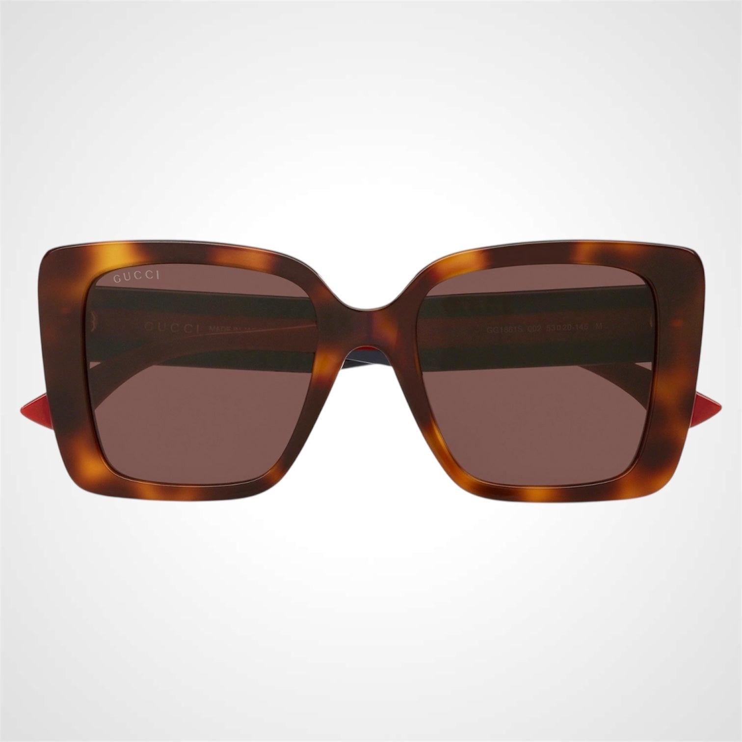 GUCCI GG1861S 002 brown tortoise oversized frame sunglasses with web arms gold logo.