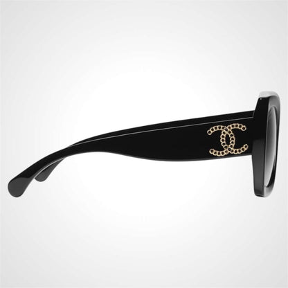 CHANEL CH5555 C622/T8 black polarized square women's sunglasses with gold chain logo temple arm