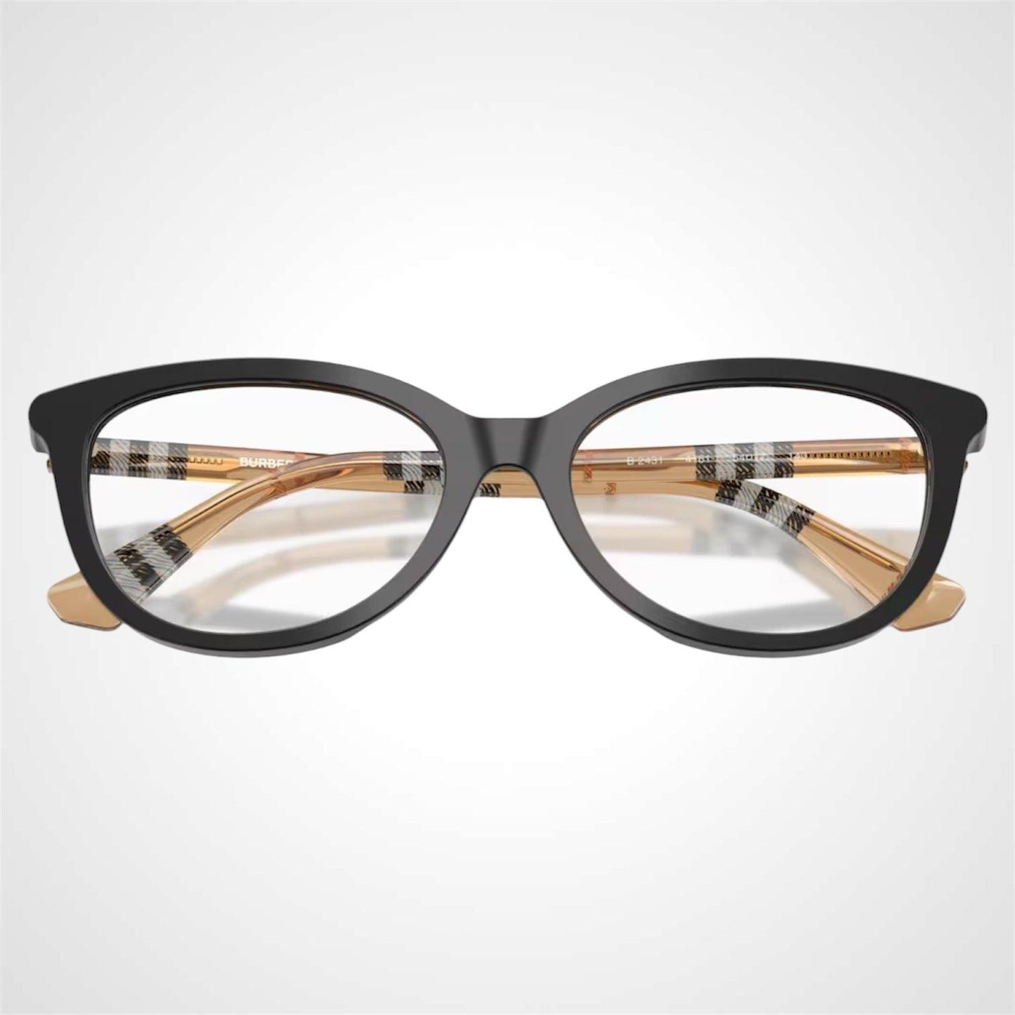 Burberry BE2431 4161 black cat eye glasses with brown check arms