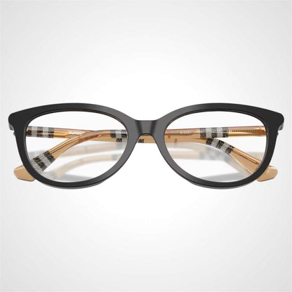 Burberry BE2431 4161 black cat eye glasses with brown check arms