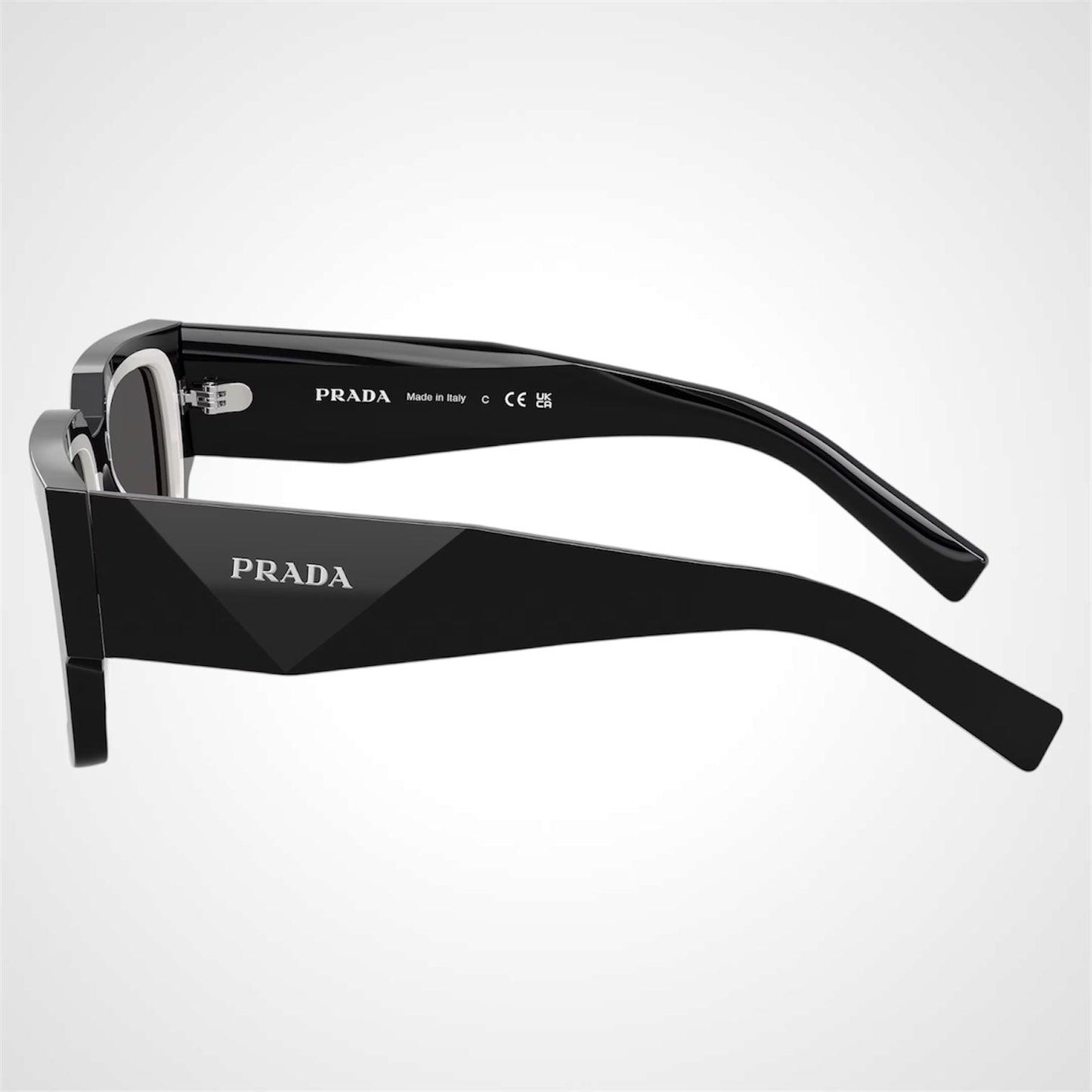 Prada PRB17S 16K08Z black and talc white lined square mens sunglasses temple arms with logo.