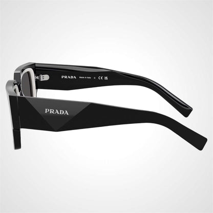 Prada PRB17S 16K08Z black and talc white lined square mens sunglasses temple arms with logo.