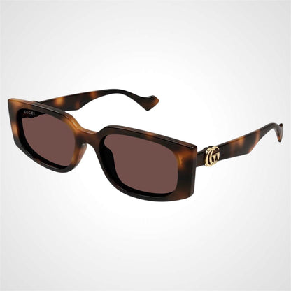 Gucci GG1534S 002 brown havana rectangle sunglasses with gold metal logo for women side view.