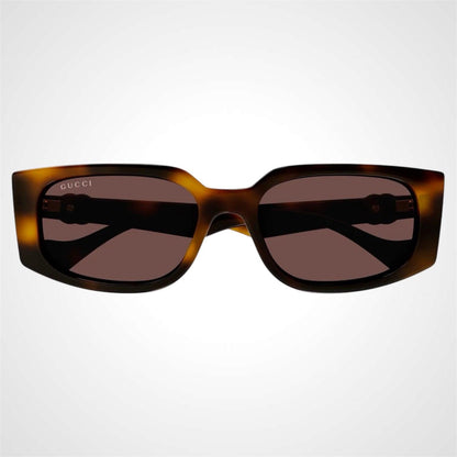 Gucci GG1534S 002 brown havana rectangle sunglasses with gold metal logo for women front view.