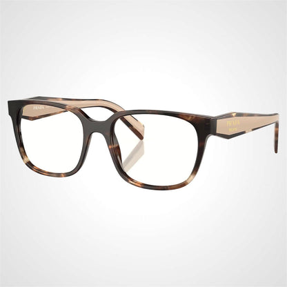 Prada PR17ZV 07R1O1 brown beige caramel tortoise havana acetate symbole eyeglasses side view.