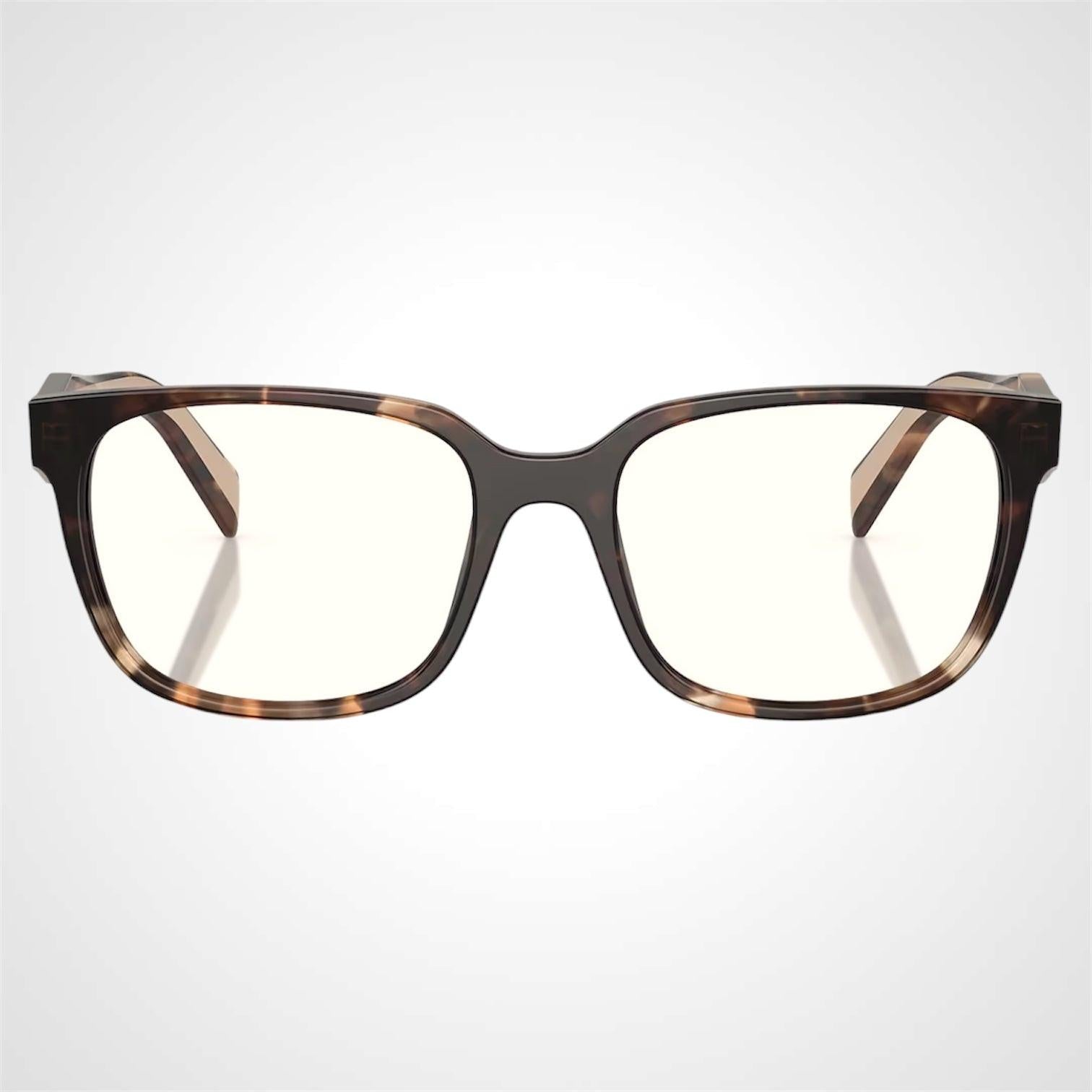 Prada PR17ZV 07R1O1 brown beige caramel tortoise havana acetate symbole eyeglasses front view.