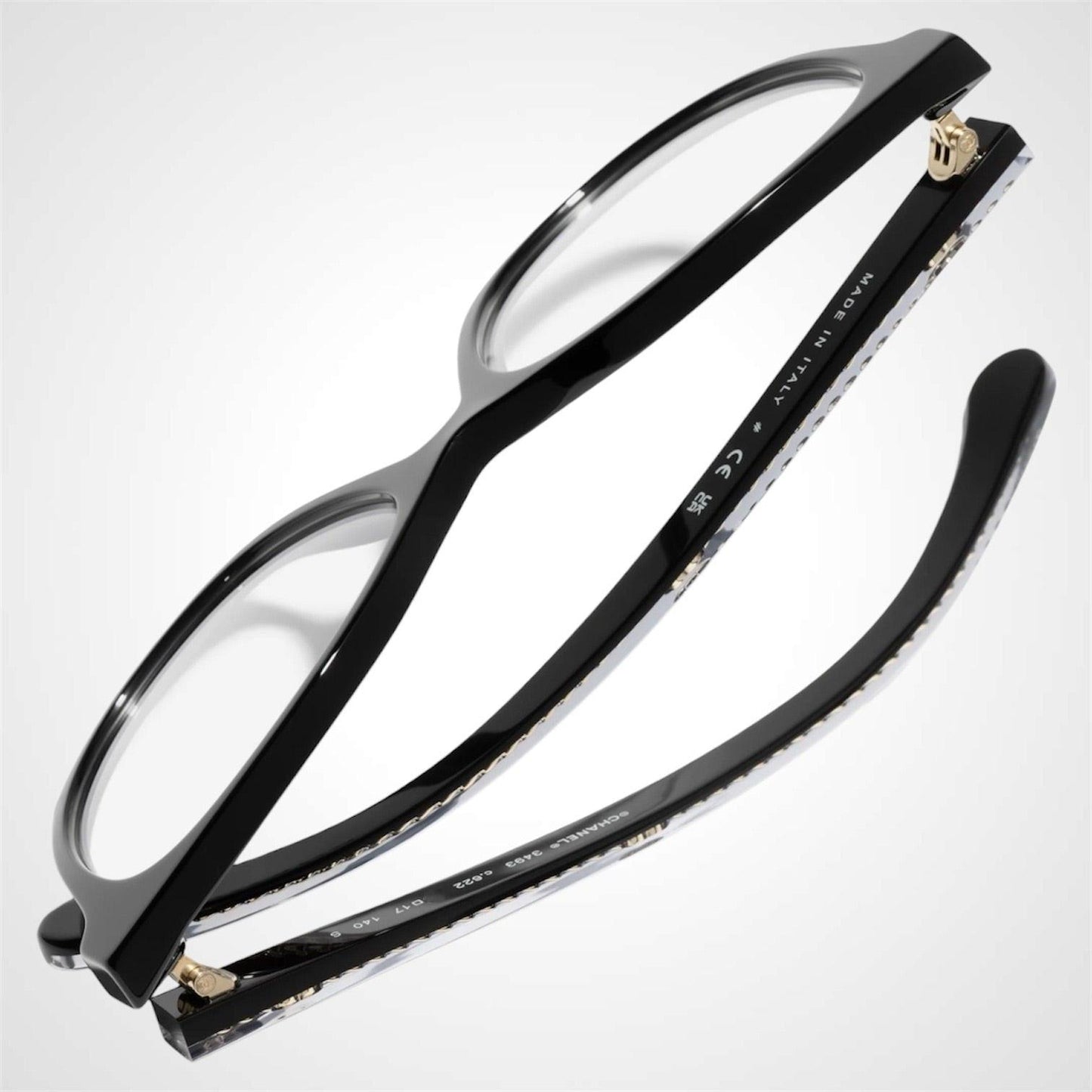 CHANEL CH3493 C622 black acetate pantos women's eyeglasses with a gold flat CC chain top view
