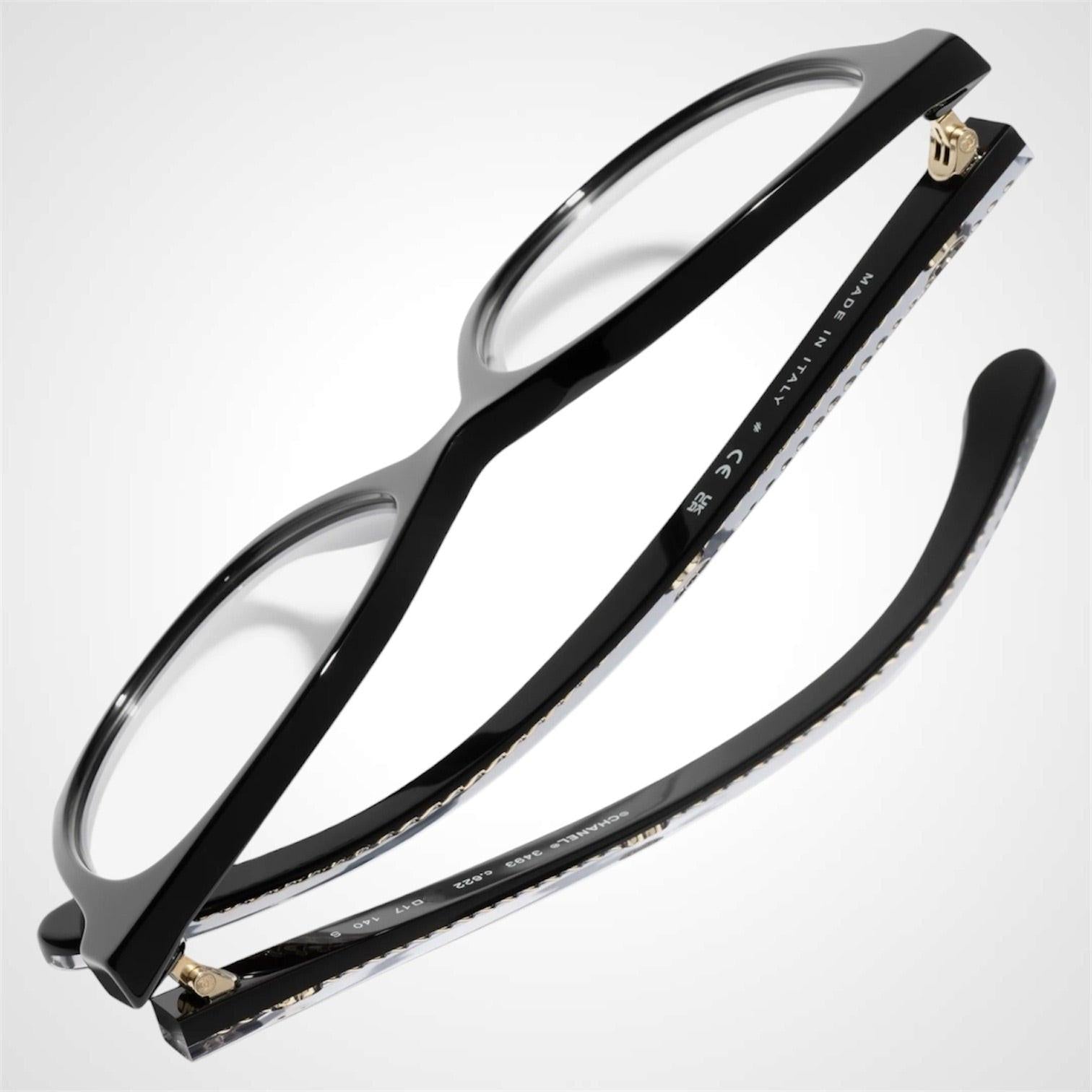 CHANEL CH3493 C622 black acetate pantos women's eyeglasses with a gold flat CC chain top view