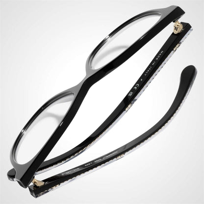 CHANEL CH3493 C622 black acetate pantos women's eyeglasses with a gold flat CC chain top view