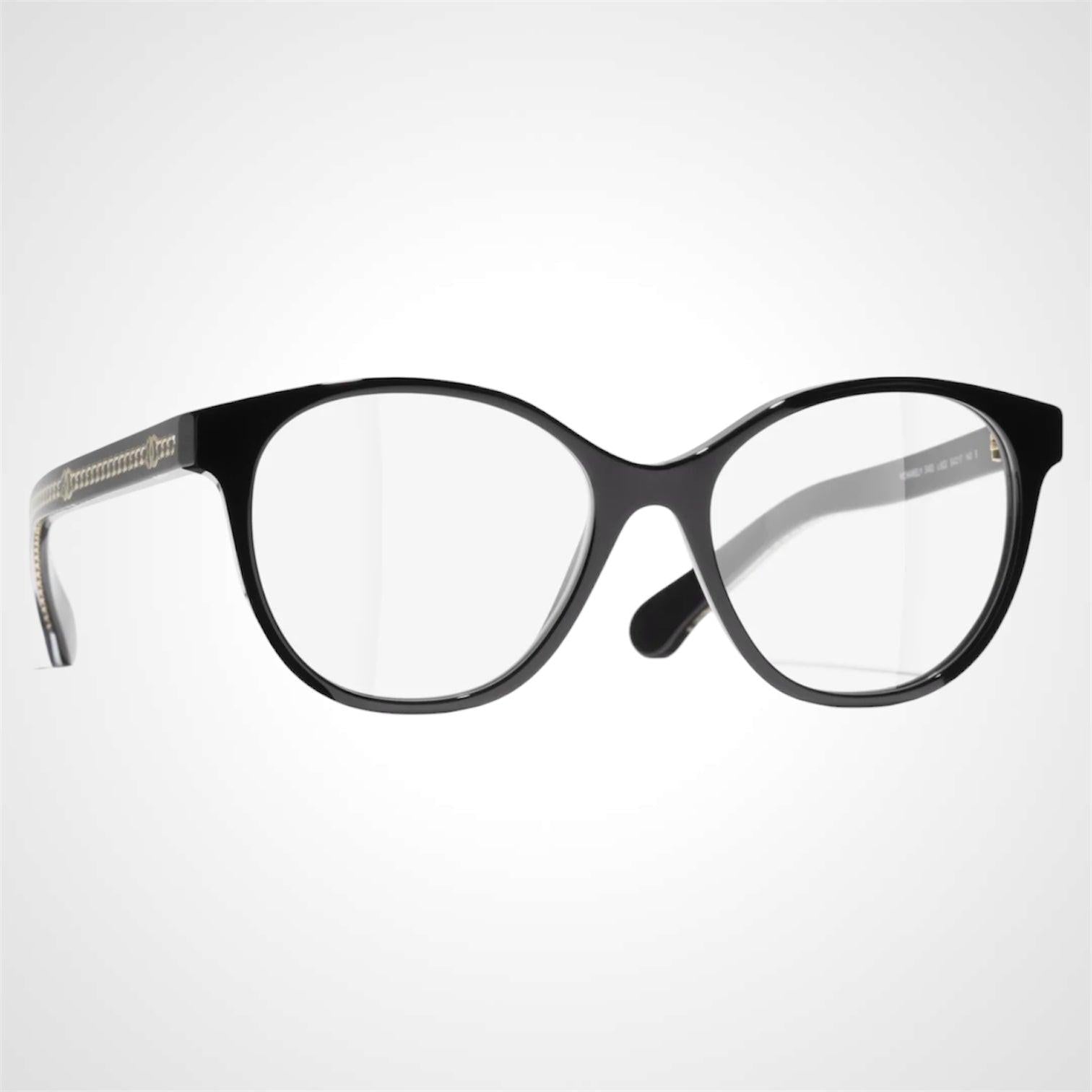 CHANEL CH3493 C622 black acetate pantos women's eyeglasses with a gold flat CC chain side view