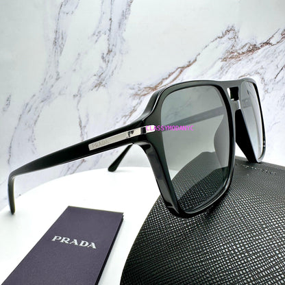 Prada 0PR20YS 1AB06T black aviator sunglasses with grey lens silver logo side view