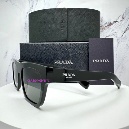 Prada PRC03S 16K08Z sunglasses square black with silver logo side view 